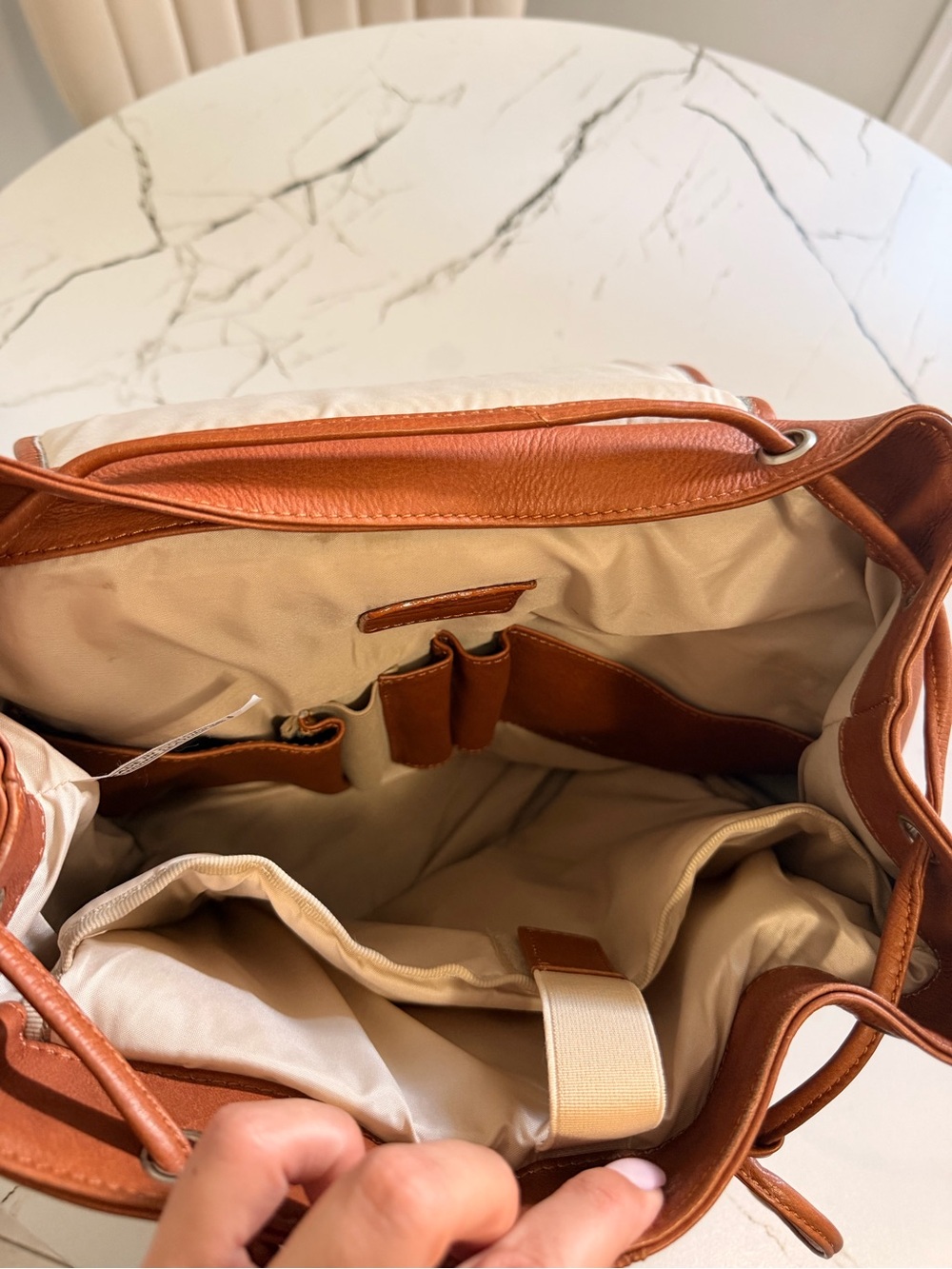 Minimal Tan Leather Drawstring Backpack - Picture 7 of 7